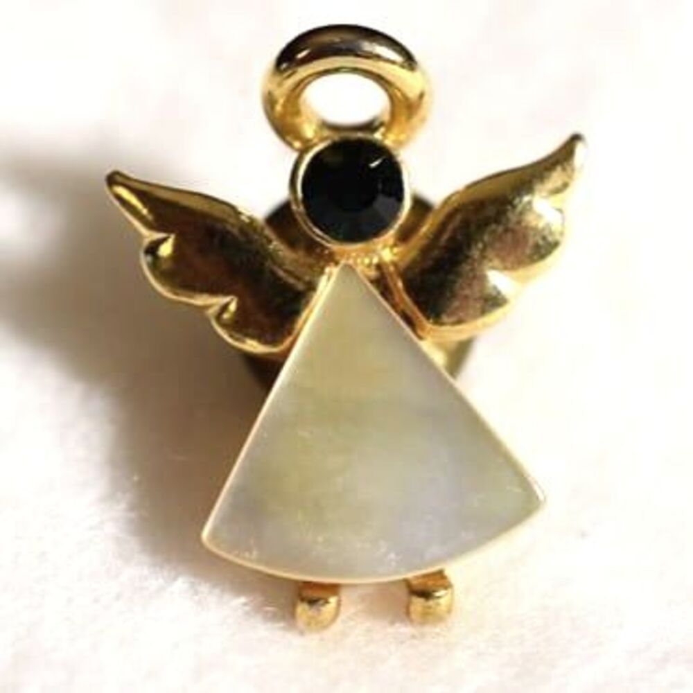 Rare Vintage Angel Mother of Pearl Emeral Green May Birthstone Gold Tone Pin
